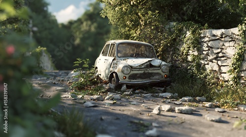 Abandoned classic car overgrown with vegetation on a debris strewn road