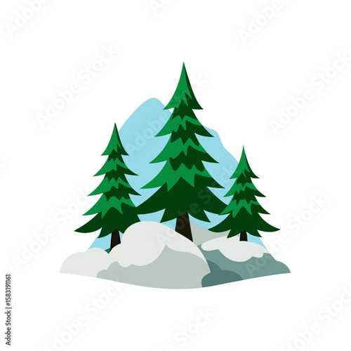 realistic pine trees buried under avalanche snow 