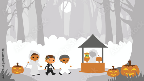 Children in costumes trick or treating in a spooky forest with pumpkins and a wishing well near by