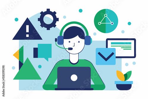 Customer service representative working with headset and laptop with abstract geometric elements and designs.