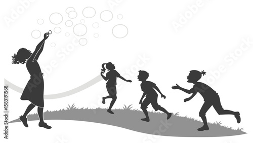 Silhouette of a woman blowing bubbles while children play in a field chasing and trying to catch them