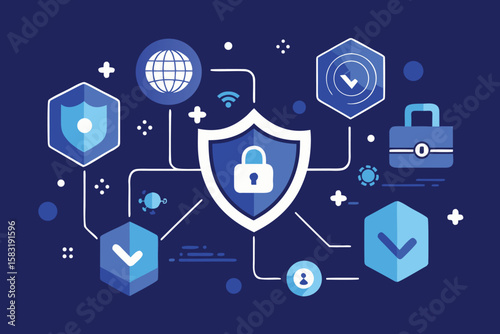 Digital data protection concept with shield and lock internet security illustrated on a dark blue background.