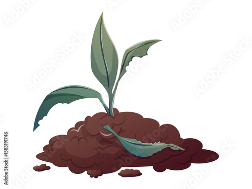 Cartoon vector illustration of damaged plant with green leaves growing from soil, isolated concept for plant disease, poor care, gardening problems, or environmental issues.