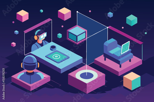 Futuristic 3d isometric illustration of people interacting within a virtual reality environment depicting advanced technology