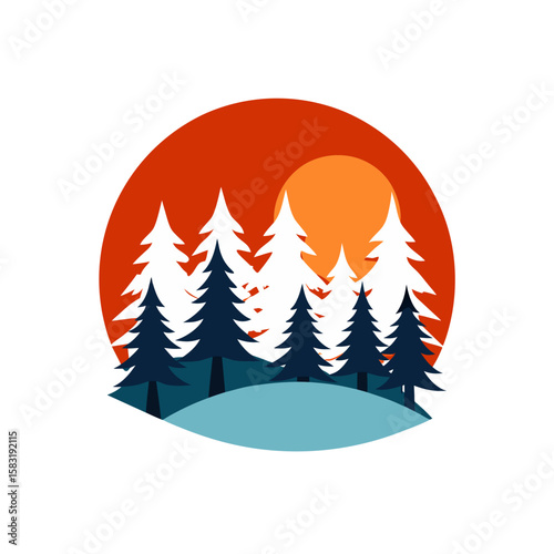 realistic snow covered pine forest at sunset 