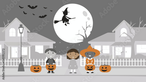 Halloween night scene with children trick or treating and a witch flying on a broomstick
