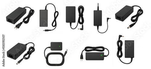 Collection of universal laptop power adapters with various plug types and voltage ratings; each laptop adapter includes cable for AC input and DC output for consistent charging performance