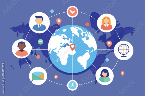 Global network communication and international teamwork concept with diverse avatars connected by lines around the earth.