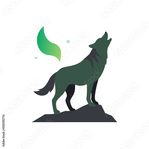 realistic wolf howling at aurora borealis on white 