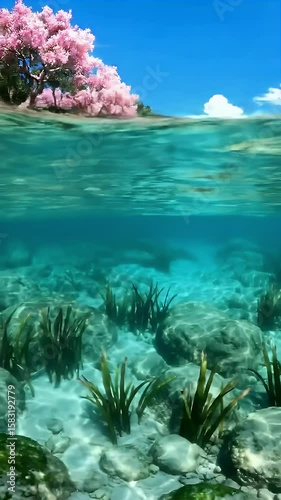 Anime Style Tropical Island and Underwater Split View with Turquoise Sea Pink Tree and Blue Sky