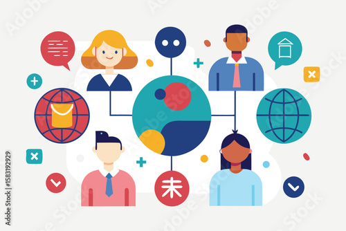 Illustration depicting global collaboration and communication in a modern business environment with diverse professionals
