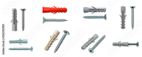 Wall plug and screw anchor set includes assorted plastic dowels with matching metal screws; designed for secure mounting in drywall, brick, or concrete in home repair and installation projects