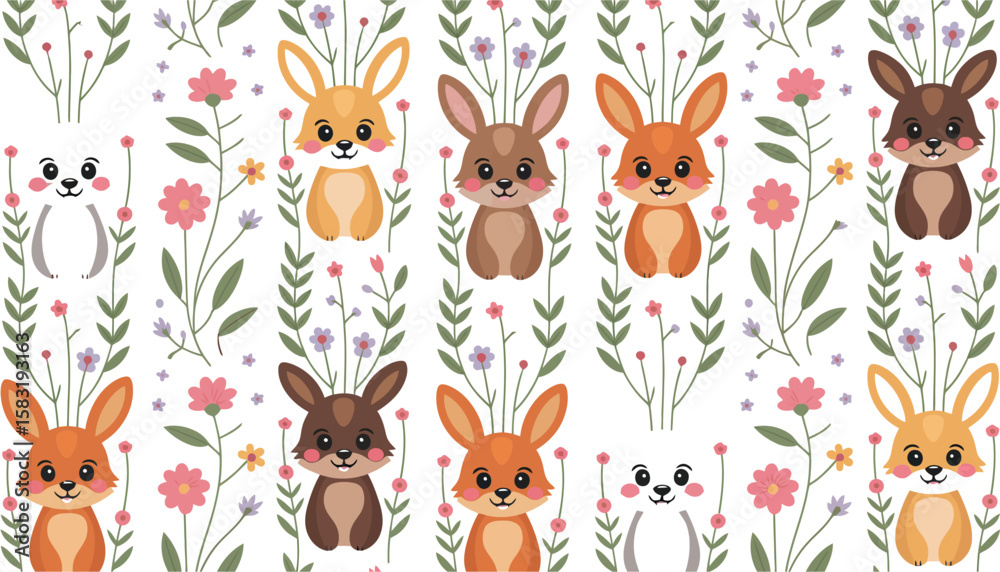 Obraz premium Whimsical cartoon rabbits adorn a festive Easter seamless pattern, perfect for a fun spring illustration or background design