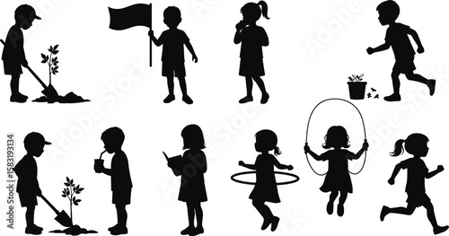 Children playing outdoors in silhouettes, gardening, reading, skipping, active