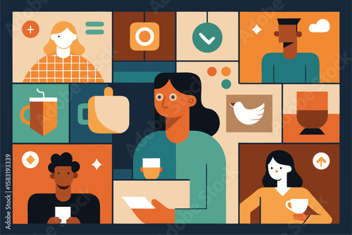 Illustration of diverse individuals and icons in a contemporary design, conceptual workplace