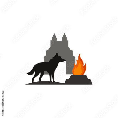 realistic wolf standing guard over ancient campfir 