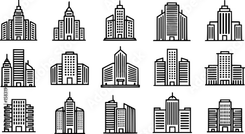 Metro City Building Silhouette Icon Collection Set Vector Illustration on White Background
