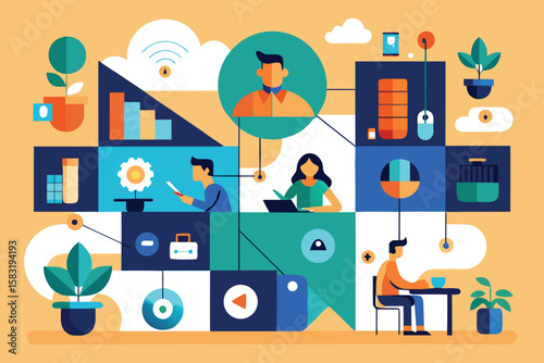 Modern geometric illustration depicting various aspects of daily life and activities in a simplified design