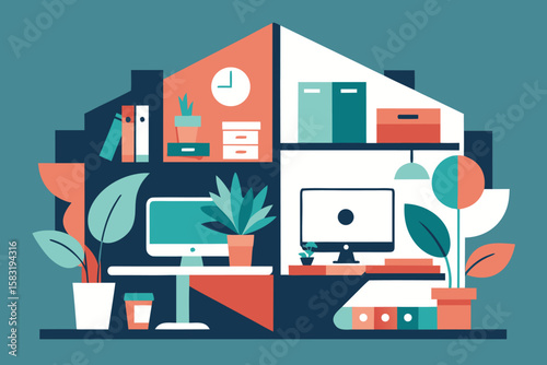 Modern home office interior design illustrative artwork featuring plants desks and workspaces.