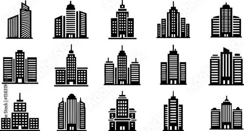 Metro City Building Silhouette Icon Collection Set Vector Illustration on White Background
