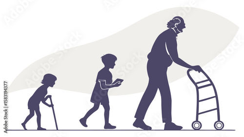 Progression of life stages showing a child, teenager, and elderly person silhouetted in purple hues