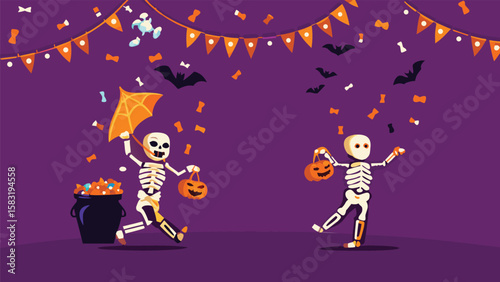 Two skeletons celebrating halloween with candy and bats under a festive banner in purple hues