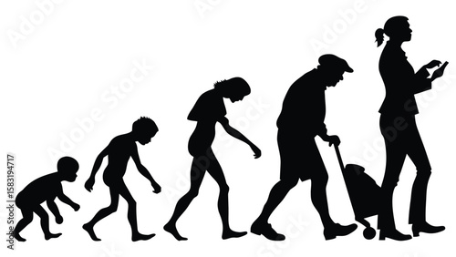 Silhouette representation of human evolution from infant to modern adult using mobile phone now