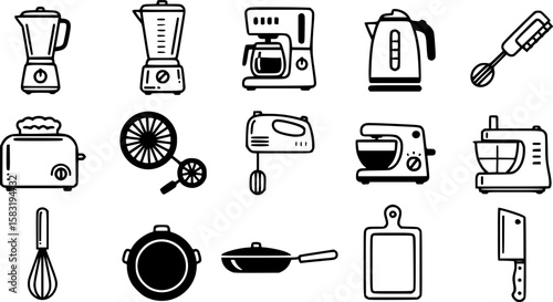 Kitchen Equipment Silhouette Icon set Vector Illustration on White Background
