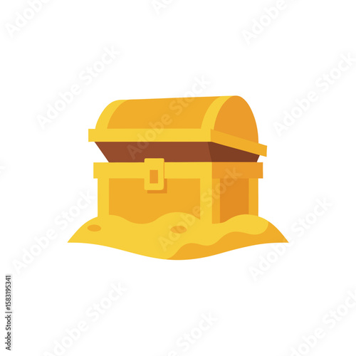 treasure chest half buried in golden sand on white 