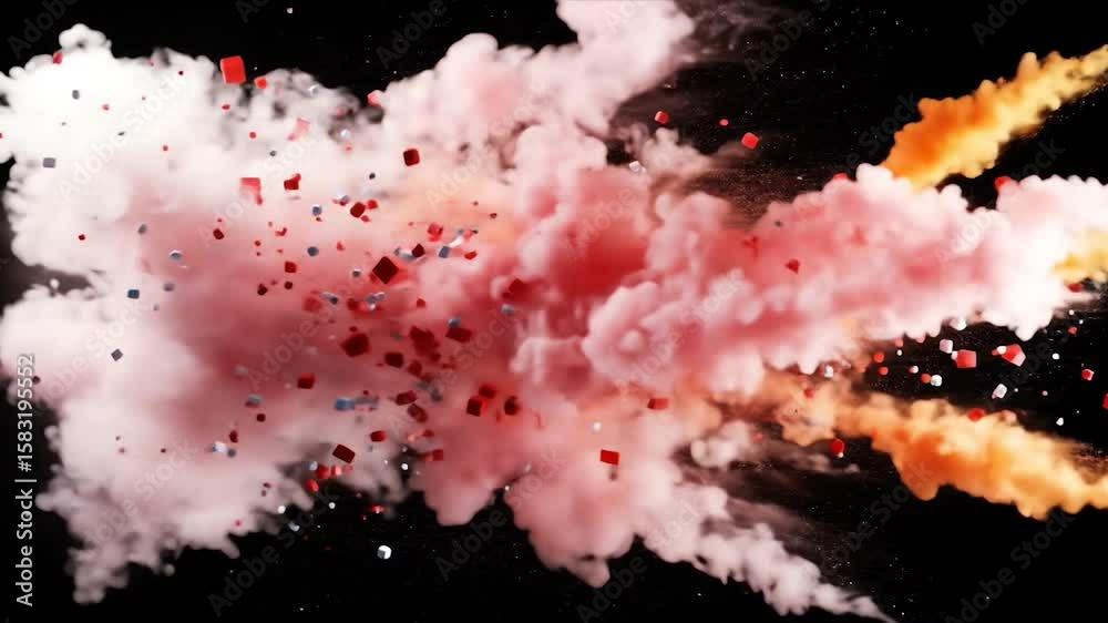 Cubes burst into the smoky void. Tech/science usage. Dark backdrop with particles