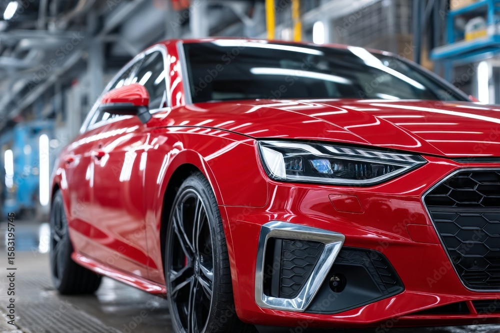 Red sports car being detailed in a modern automotive workshop under bright fluorescent lights Red sports car being detailed in a modern automotive workshop under bright fluorescent lights