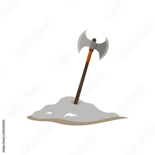 viking battle axe buried in snowy tundra on white