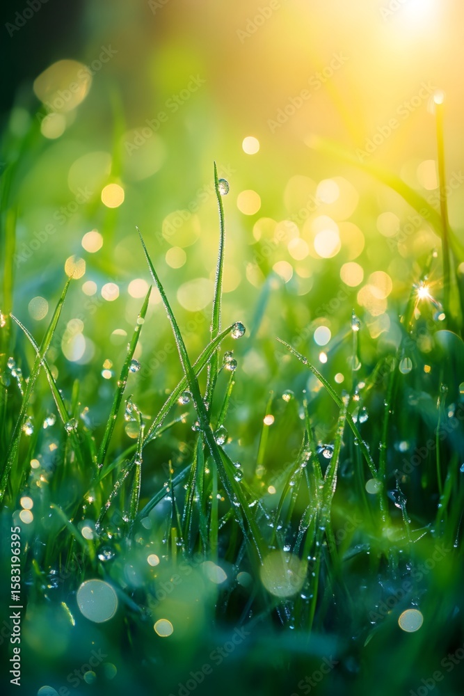 Fototapeta premium Grass dew reflects colorful sunlight