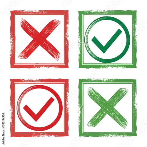 Red cross and green checkmark symbols in distressed boxes
