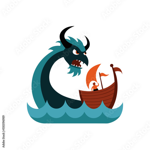 viking ship battling giant sea monster on white 