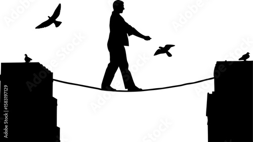 Silhouette of a man walking on a tightrope between cliffs with birds flying around in black and white