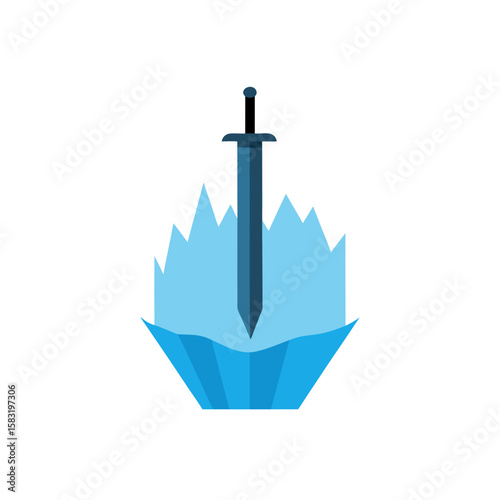 viking sword frozen into massive iceberg on white 
