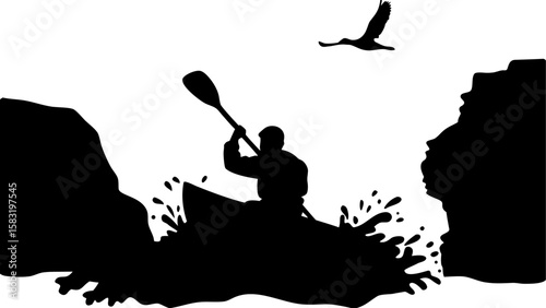 Silhouette of a kayaker paddling through water with a bird flying above between rock formations
