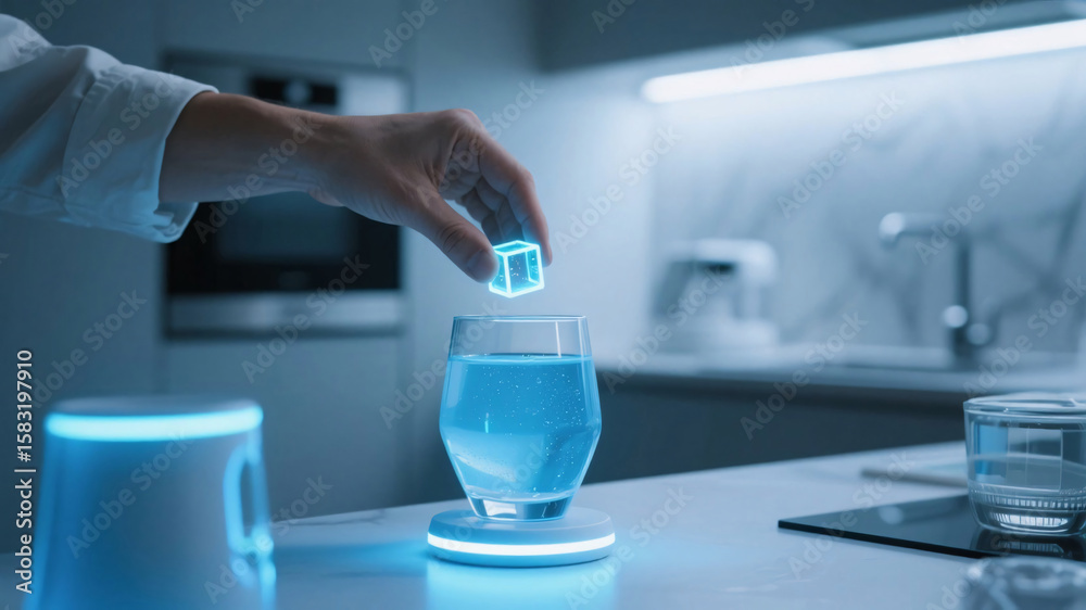 Fototapeta premium Cutting-edge health routine with dissolving functional cube in smart hydration vessel — futuristic minimalist home lab