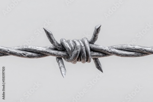 Close-up of twisted barbed wire with sharp points and a rugged texture against a soft gray background, symbolizing confinement and security in a stark environment