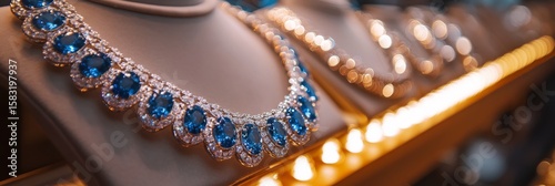 Elegant sapphire and diamond jewelry showcased at store, featuring intricate designs that capture attention and enhance beauty, inviting customers to explore luxurious options