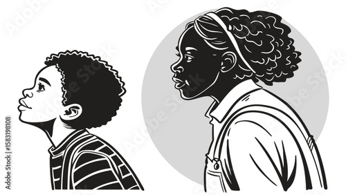 Illustration of two african american children looking up with a gray circle background element