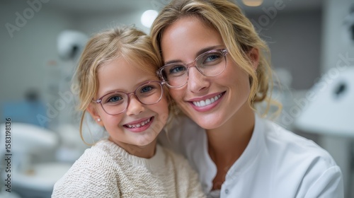 Smiling optometrist and little girl wearing matching glasses in office. Use for vision care ads or child healthcare promotional material.