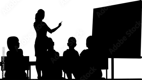 Silhouette of a teacher pointing at a board with students sitting in a classroom setting in black and white