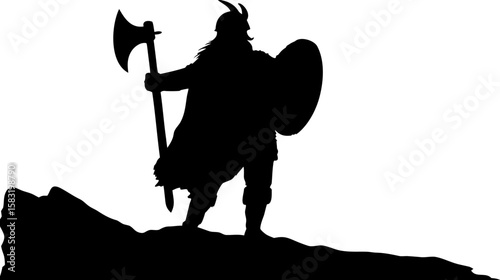 Silhouette of a viking warrior with horned helmet holding an axe and shield standing on a rocky terrain