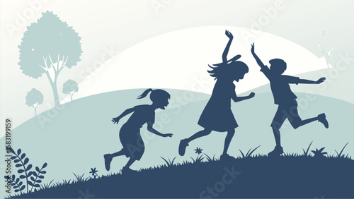 Silhouette of three children playing and running on a hill with trees and a bright sky background scene