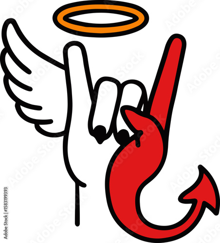 Angel and Devil Hands Good vs Evil Gesture Illustration with Halo and Horns

