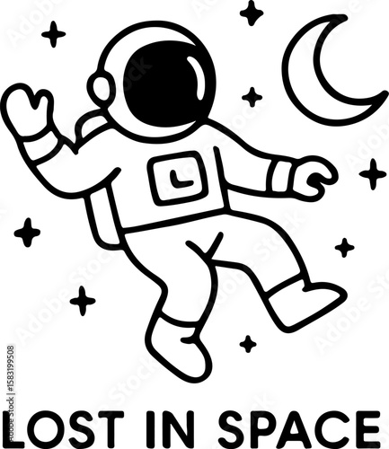 Minimalist Astronaut Floating in Space with Stars and Crescent Moon Outline Art