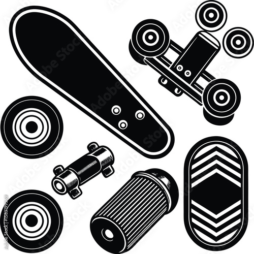 Black and white graphic illustration of skateboard parts and accessories on a white background