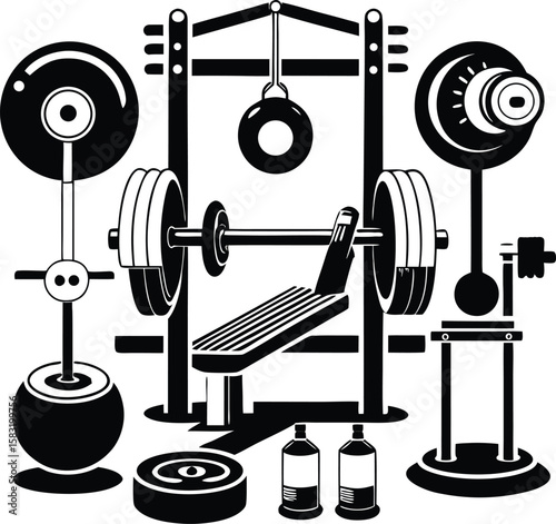 Black and white illustration of a gym setup with weightlifting equipment and accessories